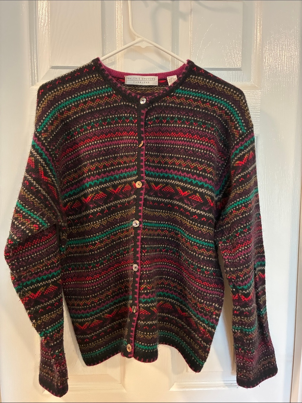 Valerie Stevens Multicolor Lambs Wool Rabbit Fair  Isle Cardigan Medium vintage